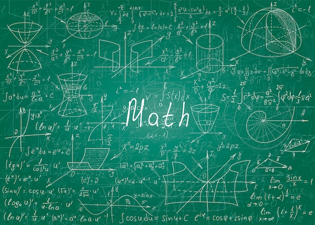 Vector wiskundige formules met de hand getekend op een groen onrein schoolbord voor de achtergrond.