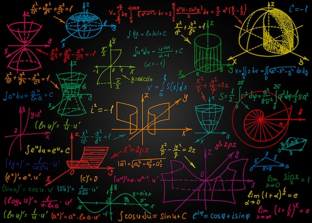 Wiskundige kleurrijke formules met de hand getekend op zwart schoolbord