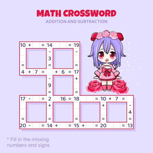Wiskundige kruiswoordpuzzel voor kinderen Additie en aftrek Tellen tot 20 Spel voor kinderen