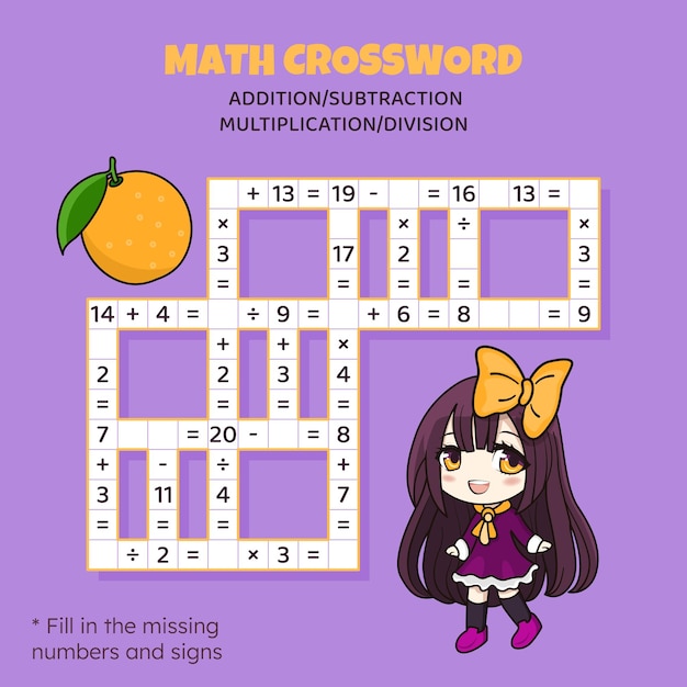 Wiskundige kruiswoordpuzzels voor kinderen Additie, aftrek, vermenigvuldiging en verdeling