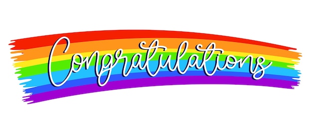 Vector wit gefeliciteerd cursief woord met schaduw op een regenboogborstel achtergrond pride lgbt-kleuren