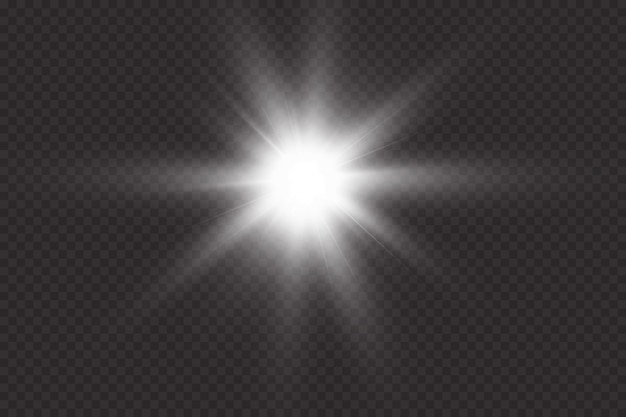 Wit gloeiend licht explodeert op een transparante achtergrond. Transparante stralende zon, felle flits.