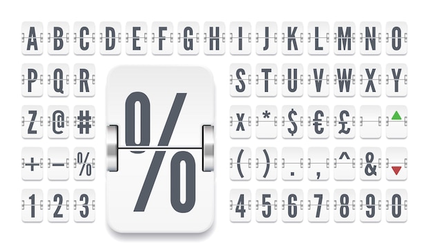 Wit mechanisch scorebordlettertype voor de luchthaventerminal voor de verklaring van de wisselkoersen Retro vector flip board alfabet om financiële informatie op witte achtergrond weer te geven