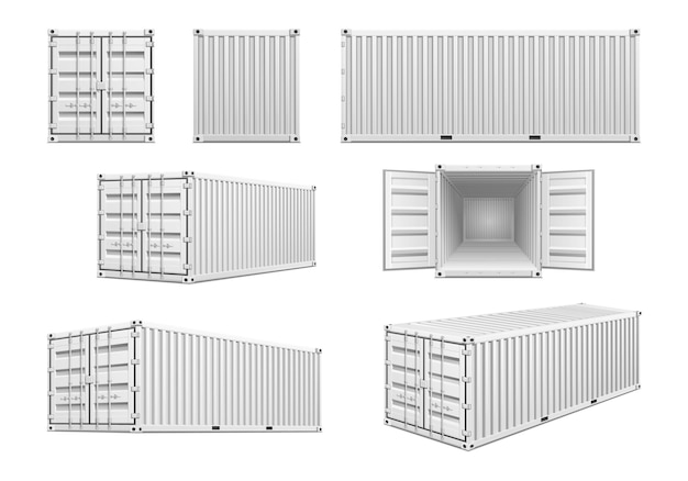 Vector wit metalen vrachtcontainer vanuit verschillende hoeken realistische set geïsoleerde vectorillustratie