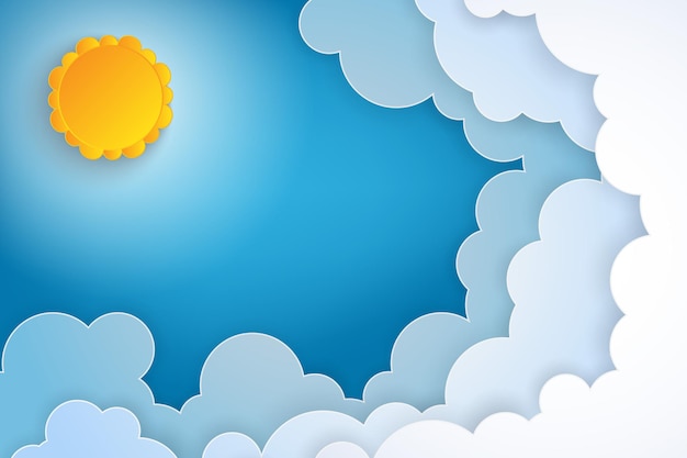 Wit papier gesneden wolken en zon met stralen in de blauwe hemel Vector illustratie van wolkenbeeld zonnige dag