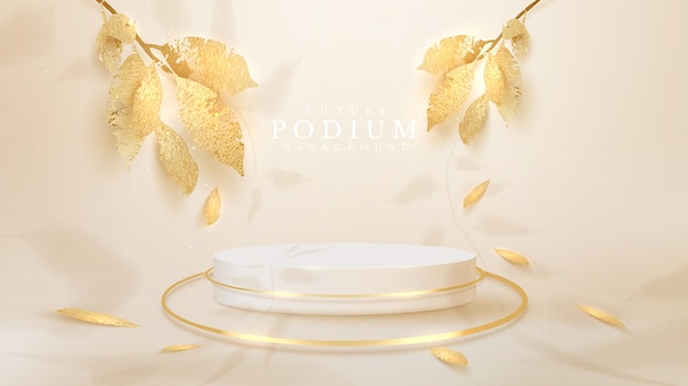 Wit podium met gouden bladeren met vallende schaduwen, 3D-stijl realistische luxe achtergrond, lege ruimte om producten of tekst voor reclame te plaatsen. vectorillustratie.