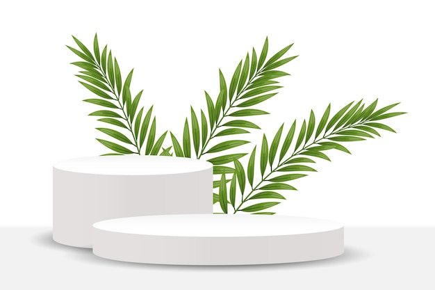 Wit podium met palmbladeren op een witte achtergrond 3d voetstuk 3d illustratie vector