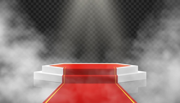 Wit podium met rood pad op donkere achtergrond met rook Leeg voetstuk voor prijsuitreiking Platform verlicht door schijnwerpers Realistische 3D-vectorillustratie