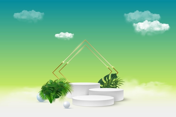 Wit productpodium met groene tropische palmbladeren en gouden ronde boog op groene muur