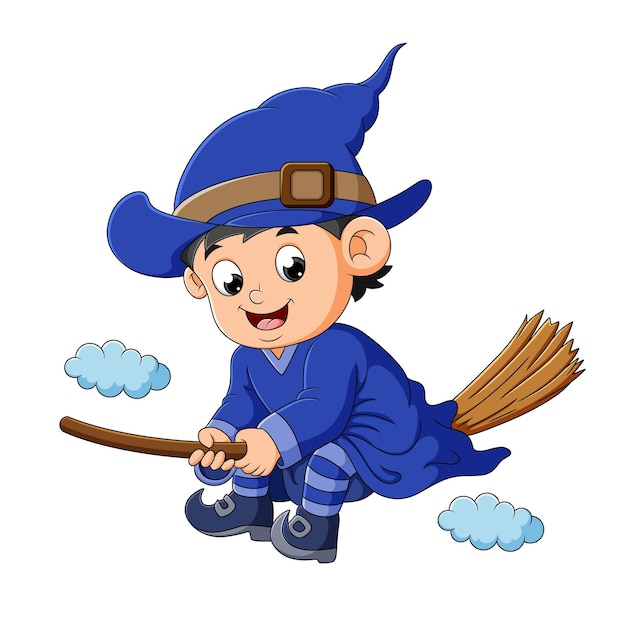 Vector the witch boy is sitting on the magic broom of illustration