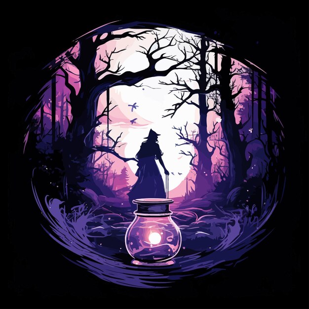 Вектор witch_brewing_potion_in_dark_forest_vector