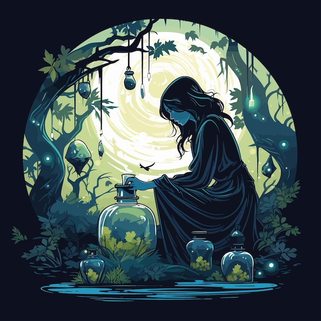 Witch_brewing_potion_in_dark_forest_vector