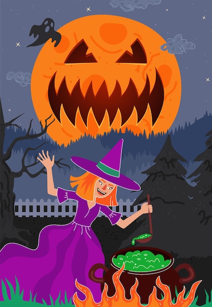 Witch brews magic poisonous in cauldron in night forest happy halloween holiday greeting card