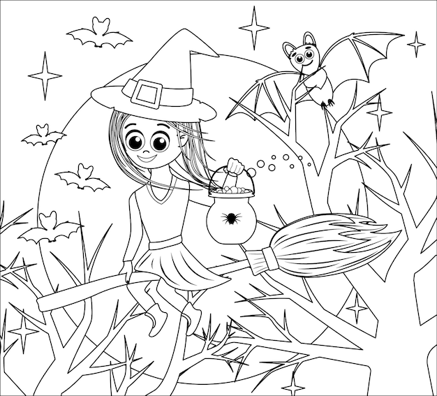 Witch on broom Coloring book Full moon night Halloween Black and white Vector