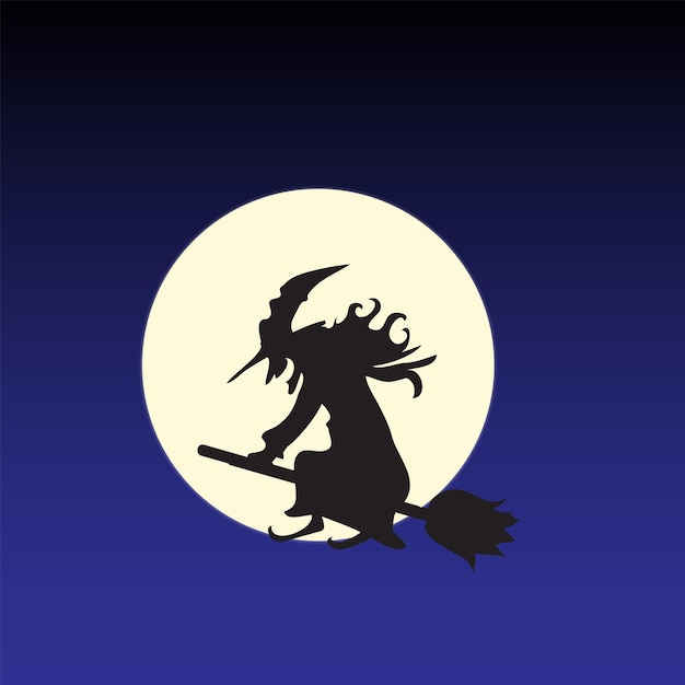 Witch on a broom flying over a moon full moon in the blue background