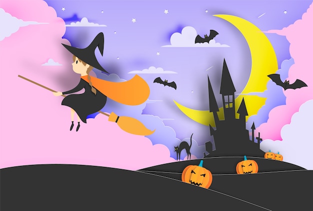 Vettore strega sullo stile di arte della carta della scopa con il cielo nella notte per l'illustrazione di vettore di halloween