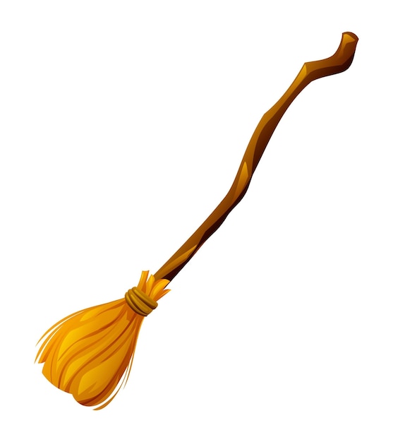 witch broom with wooden handle and yellow bristles vector cartoon illustration