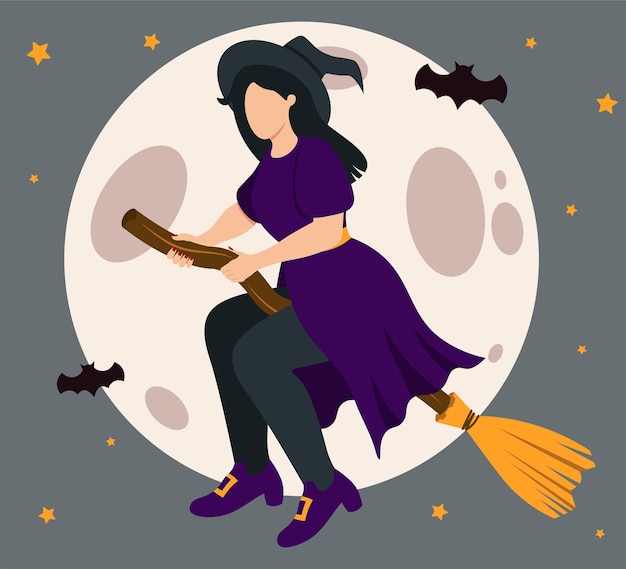 Vector witch on the broomstick at the night halloween vector illustration in flat style