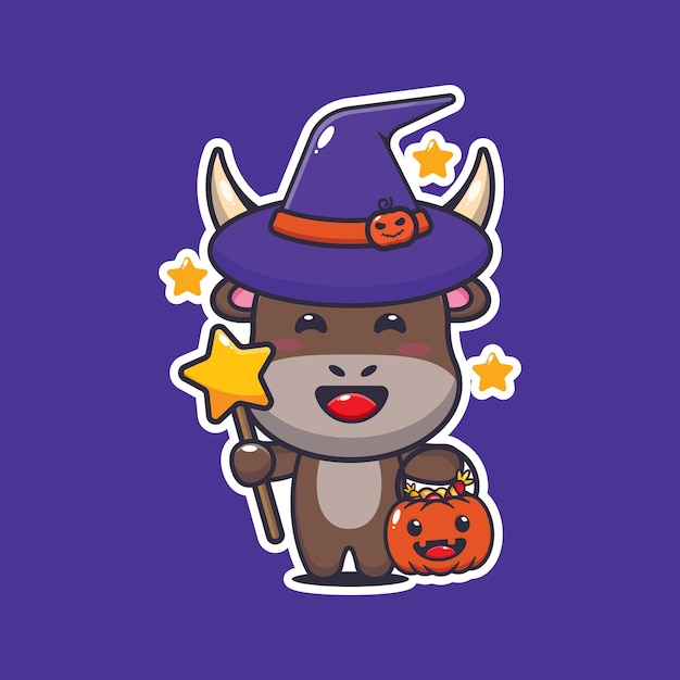 ハロウィーンの日に牛を魔女します。かわいいハロウィーンの漫画のイラスト。