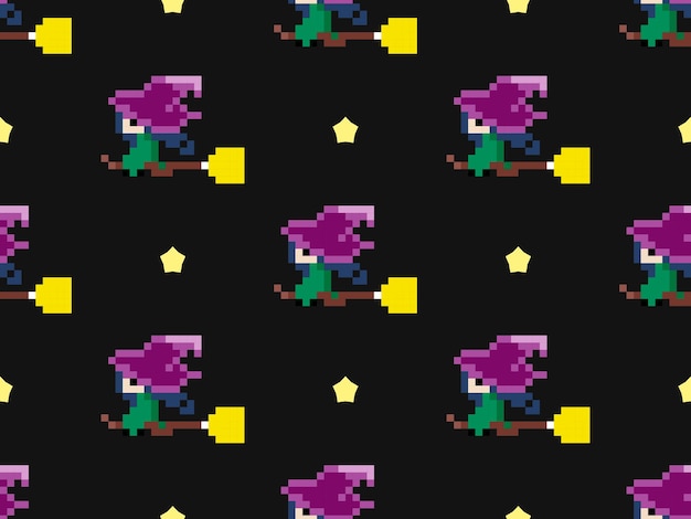 Witch cartoon character seamless pattern on black background pixel style