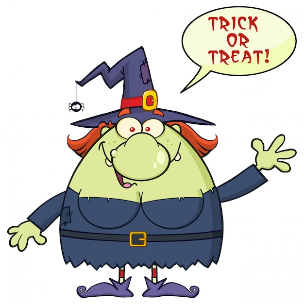 Witch Cartoon Mascot Character Waving With Speech Bubble 