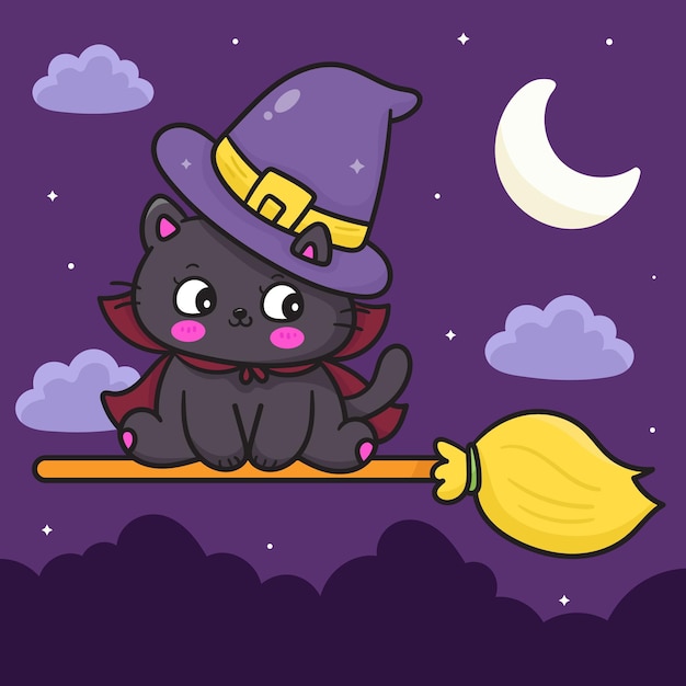 ほうきに乗った魔女猫 ハッピーハロウィン