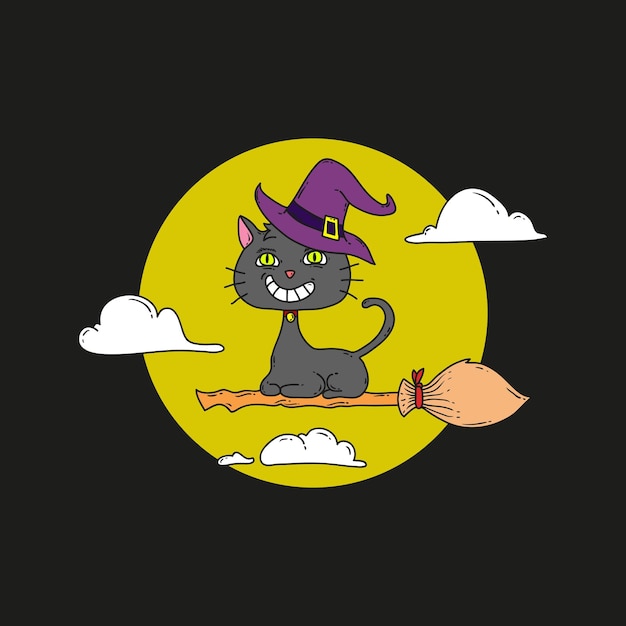 Vector witch cat riding on broom stick vector illustration