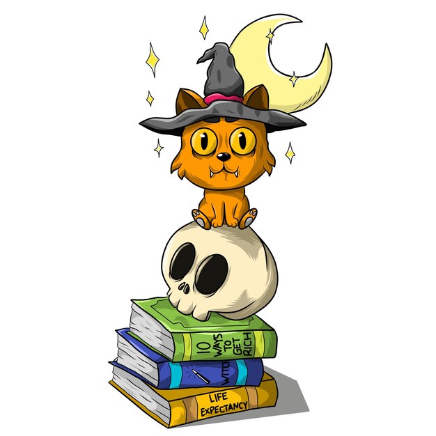 Vector witch cat on skull and rocks at night