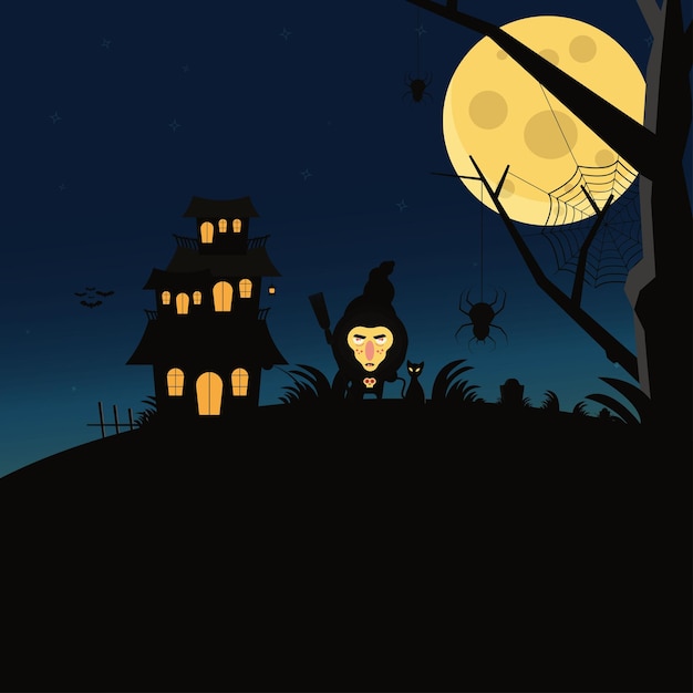 Strega e gatto con casa spaventosa all'illustrazione di vettore di notte