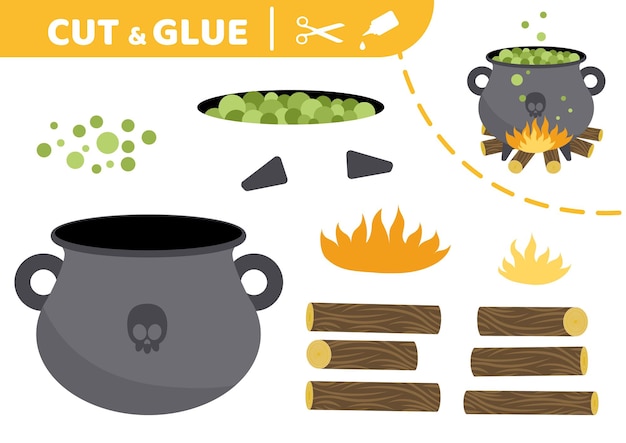 Witch cauldron cut and glue halloween application work paper game vector