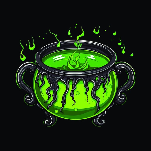 Witch cauldron with bubbling liquid Magic potion Symbol of witchcraft Dark boiling cauldron Traditional halloween element Vector illustration