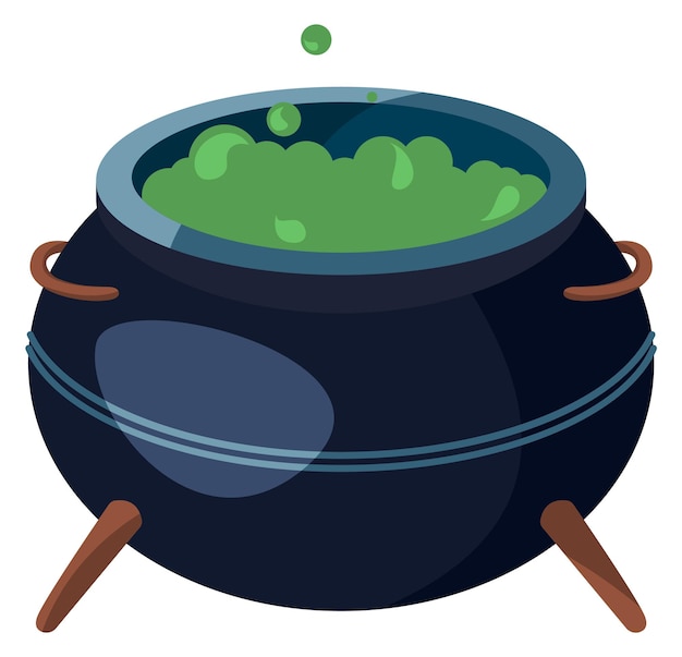 Vector witch cauldron with green magic potion cartoon icon