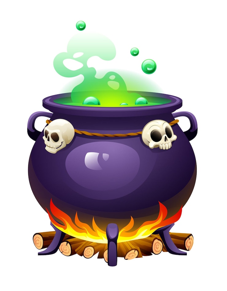 Vector witch cauldron with skulls and green bubbling potion over a fire vector cartoon illustration