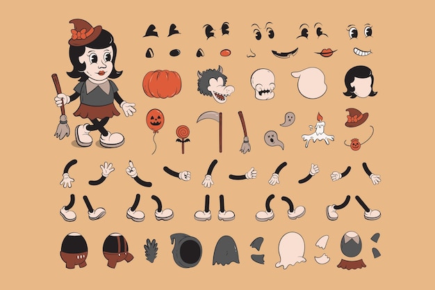 Witch Character Creator Kit Retro Themed Halloween Mascot Comic Elementen in Vector EPS
