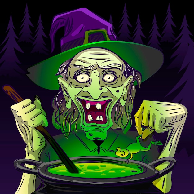 Witch cooking for halloween witchcraft spooky green face