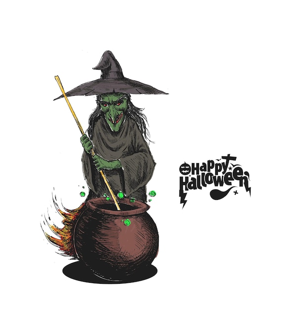 Ведьма приготовления зелья в горшке и текст happy halloween, рисованной эскиз векторные иллюстрации.