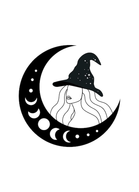 Witch and crescent moon vector illustration woman in witchs hat behind the moon modern drawing