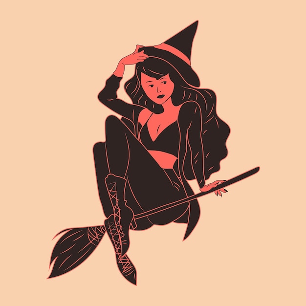 Vector witch cute ladies pinup retro style halloween costume concept hand drawn modern vector