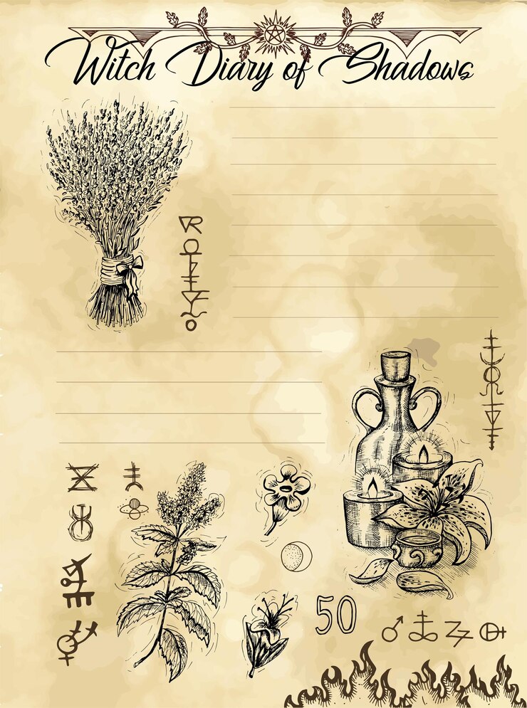 Vector witch diary page with magic herbs and potions