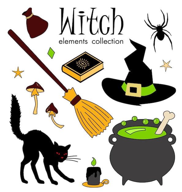 Vector witch elements collection set of witch stickers