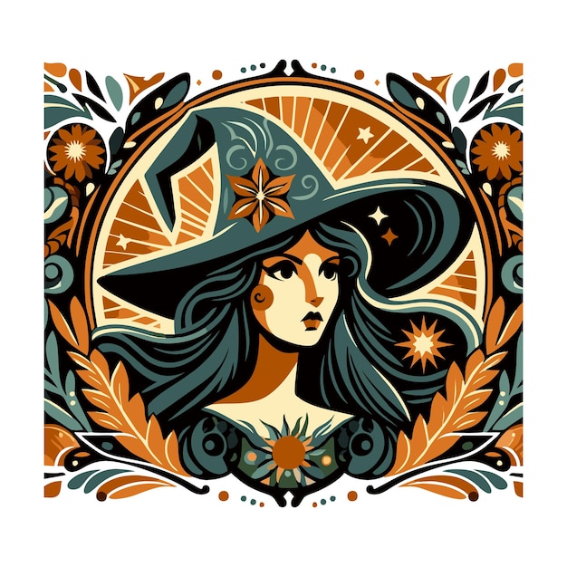 witch flat vector design in art nouveau style