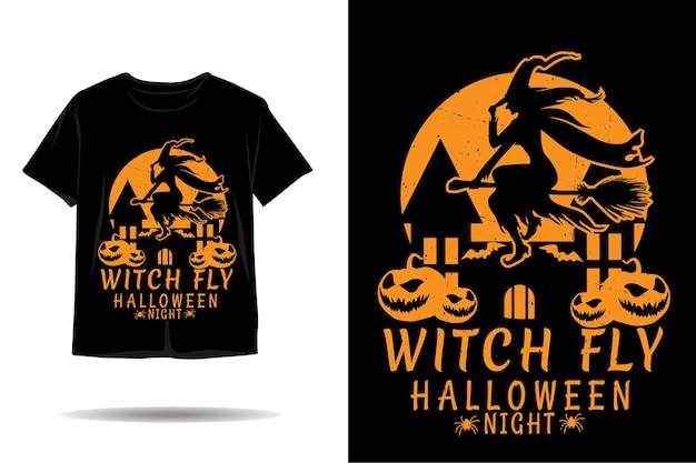 魔女フライハロウィンシルエットtシャツデザイン