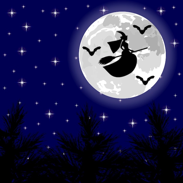 Witch flying on a broom on a full moon in the forest