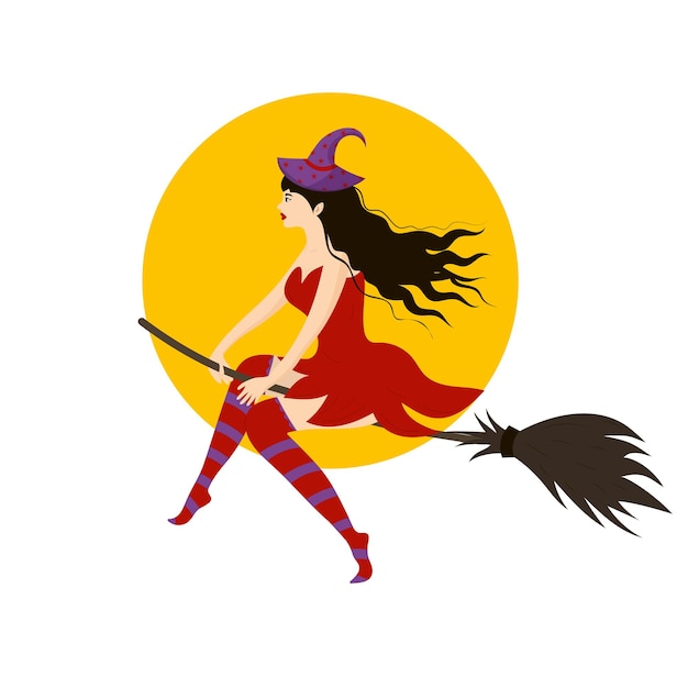 Witch flying on a broom opposite the moon. Halloween magic icon.