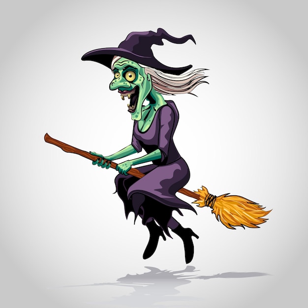 Witch flying on a broomstick. halloween cartoon.