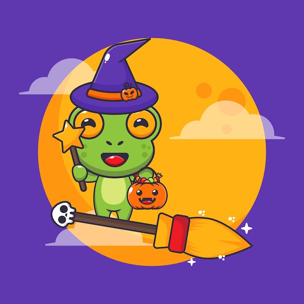 Witch frog fly with broom in halloween night