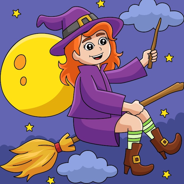 Witch Girl On A Broomstick Colored Illustration