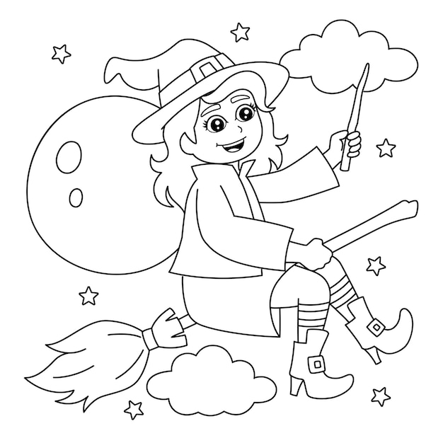 Witch Girl On A Broomstick Coloring Page for Kids