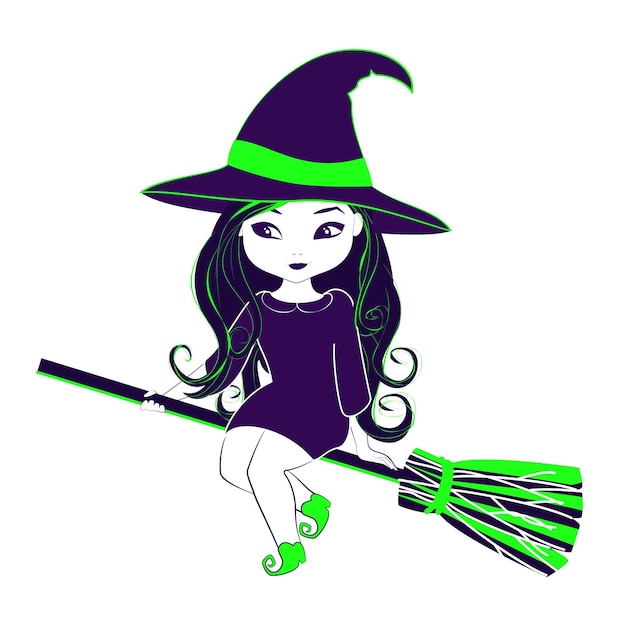 Vector witch girl flying on the broom.