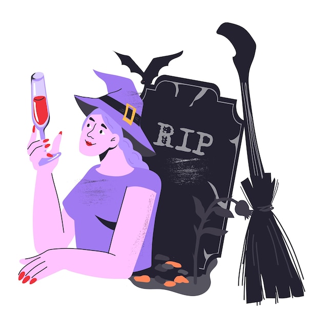 Witch girl in grave celebrating Halloween flat cartoon vector illustration isolated